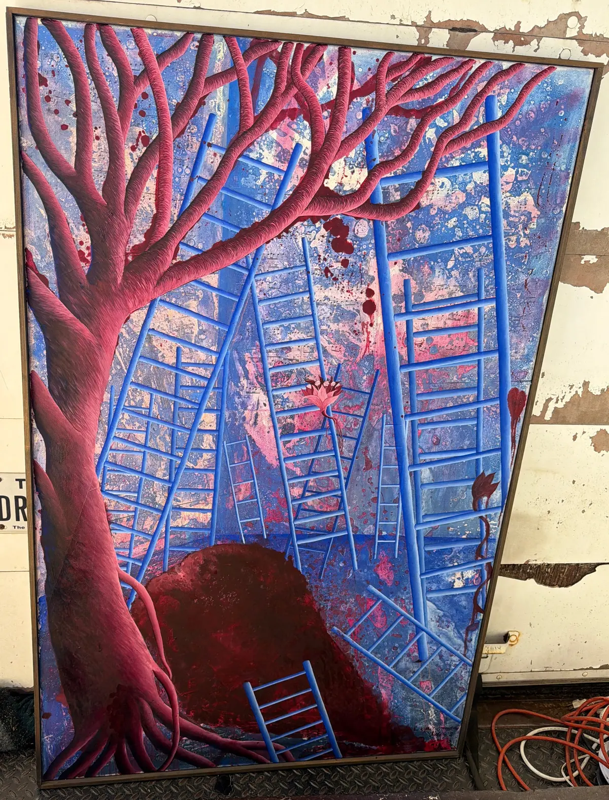 Large Surreal Ladders With Tree Oil Painting 1