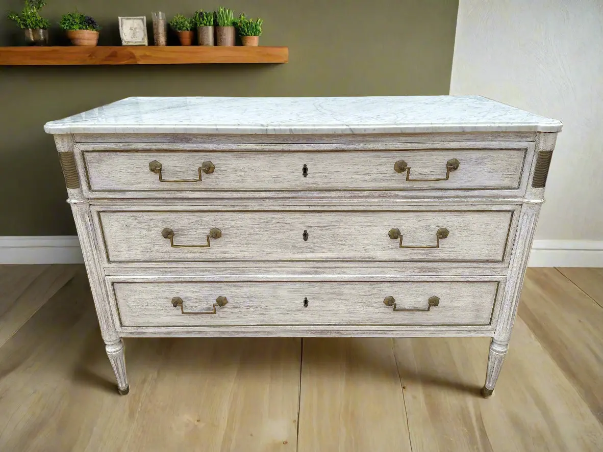 Louis Xvi Pickeld Oak 3 Drawer White Marble Top Chest 1