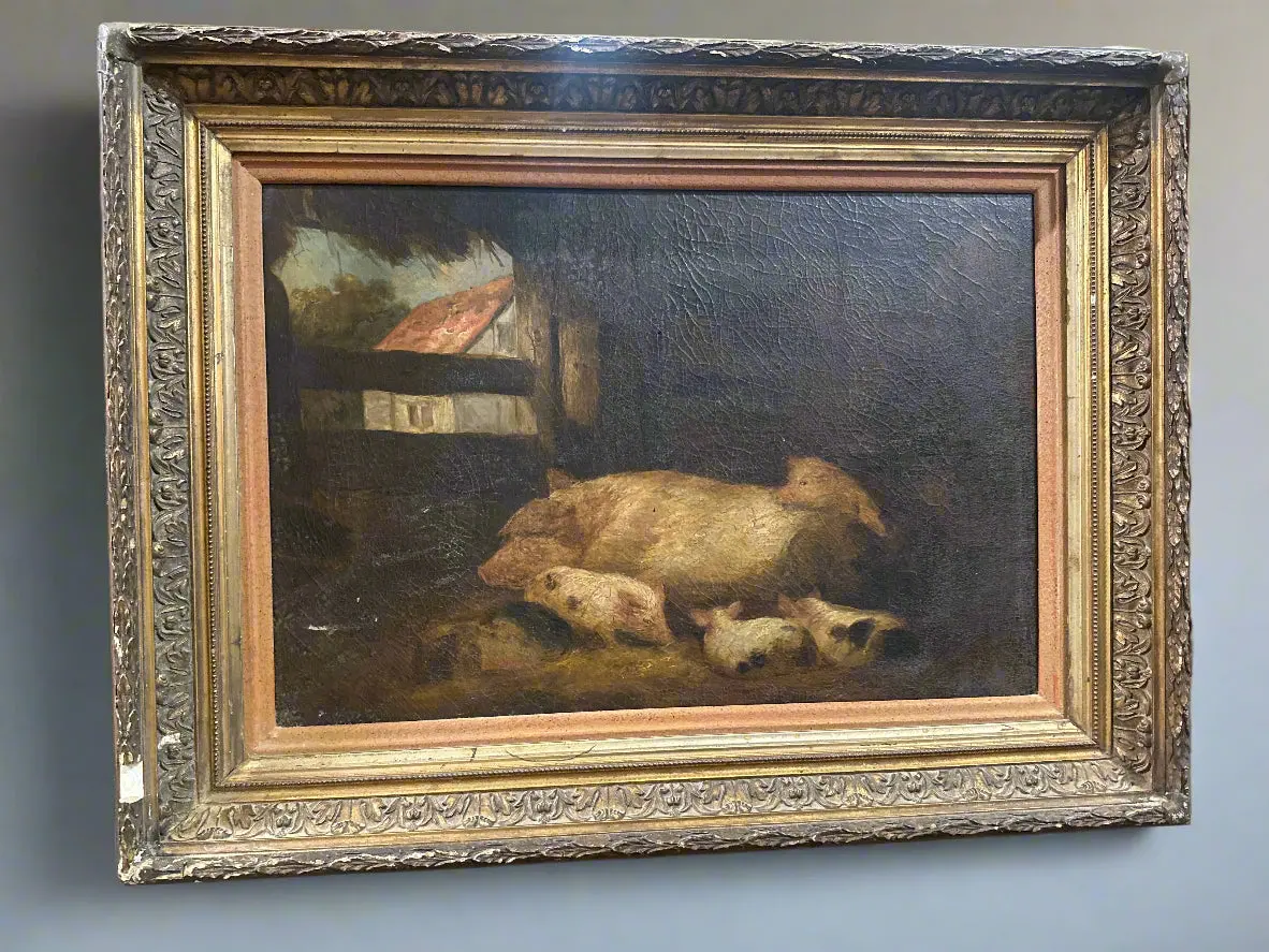 Framed Oil Painting Of Sow And Piglets In Barn 1