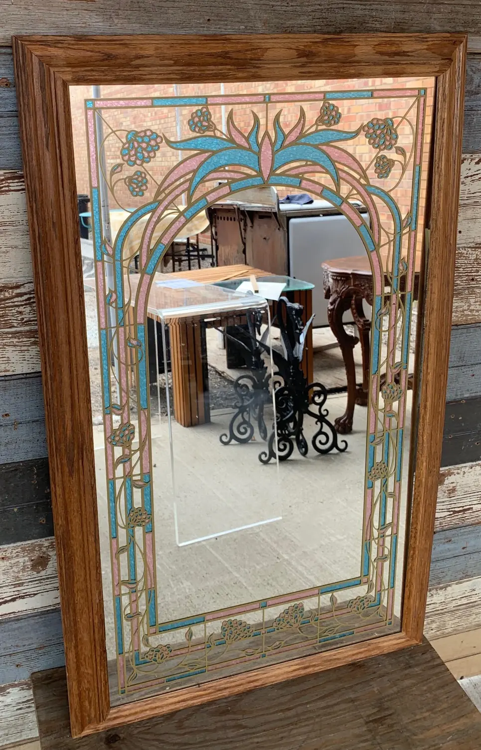 Faux Stained Glass Mirror With Pink And Blue - As Is 1
