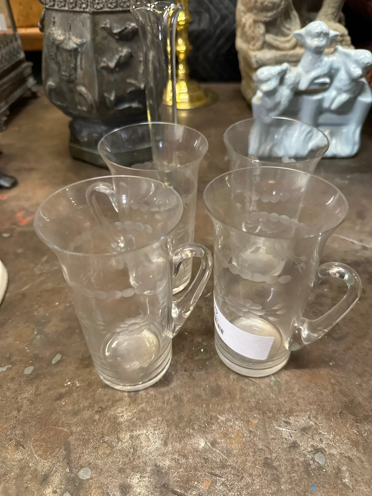 Set Of 4 Ectched Clear Glass Mugs As Found 1