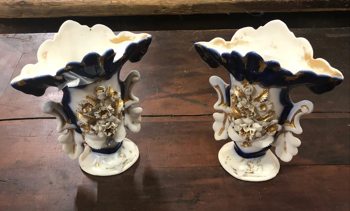 Pair Of As Found Blue & White  Paris Vases 1