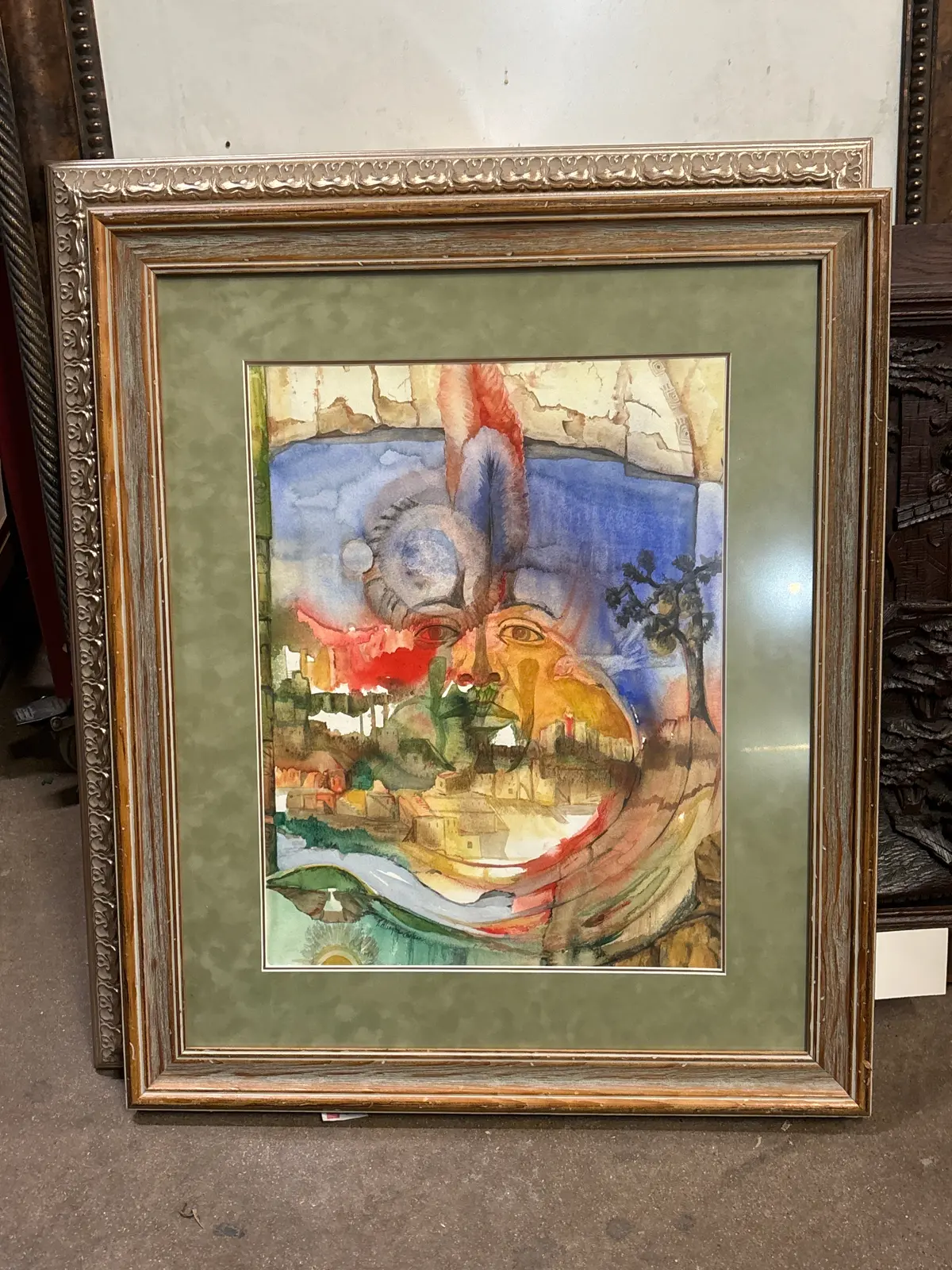 Framed Mid Century Surrealist Watercolor Painting With Face And Village Signed By Patrica Allingham Carlson 1