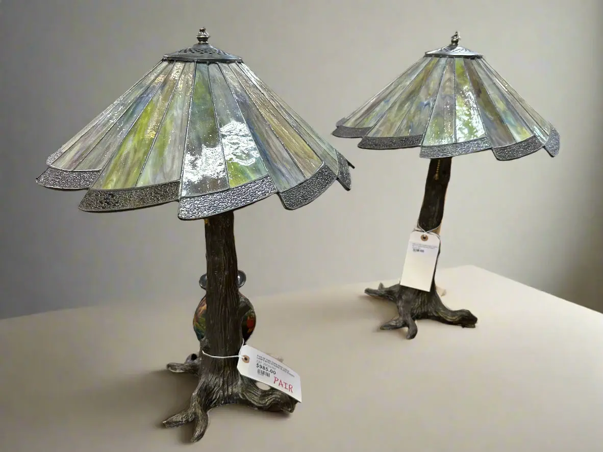 Pair Of Tree Form Iron Table Lamps With Stained Glass Shades 1