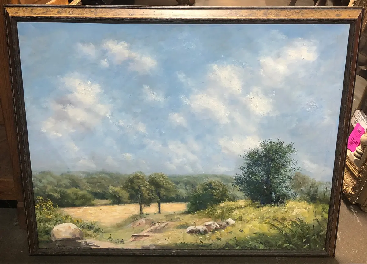 Burled Frame Lanscape Oil Painting On Board Of Meadow With Clouds 1
