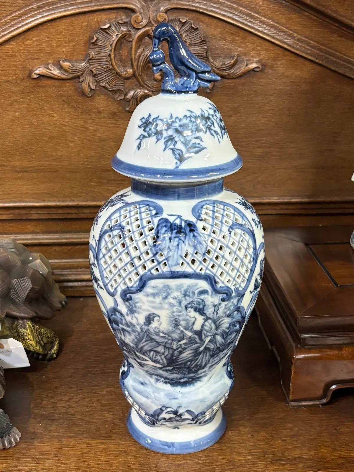 Vintage Blue And White Ginger Jar With Birds 1