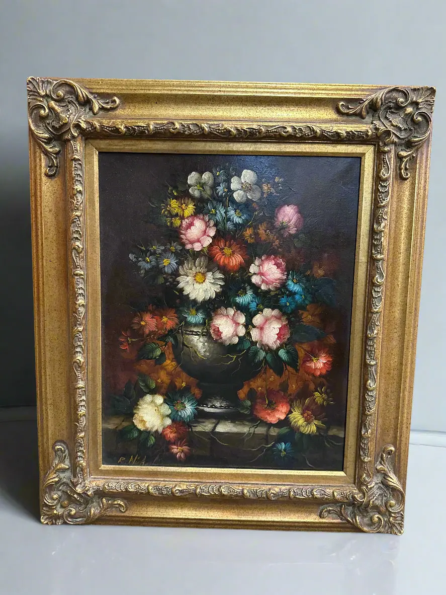 Framed Floral Still Life Oil Painting Signed R Michel 1