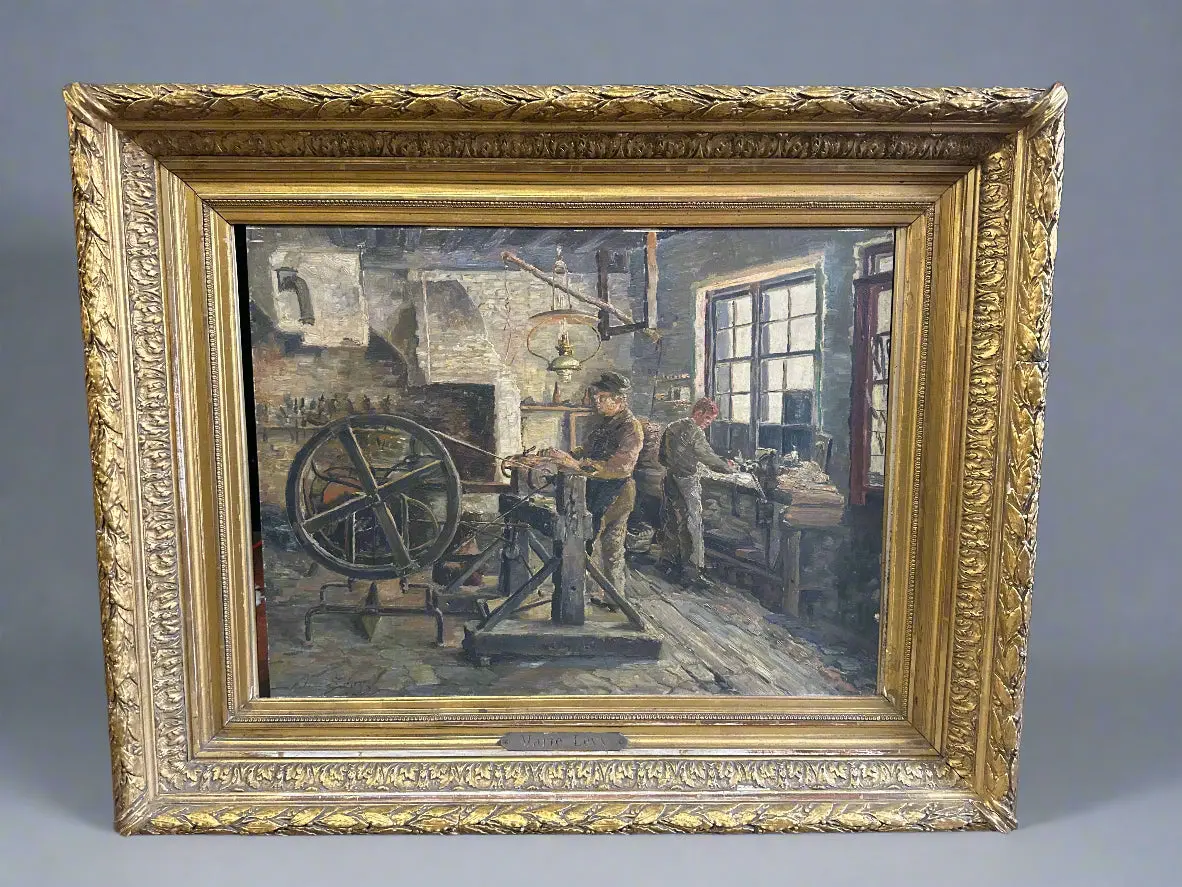 Gilt Framed Oil Painting Of Workers In A Shop 1
