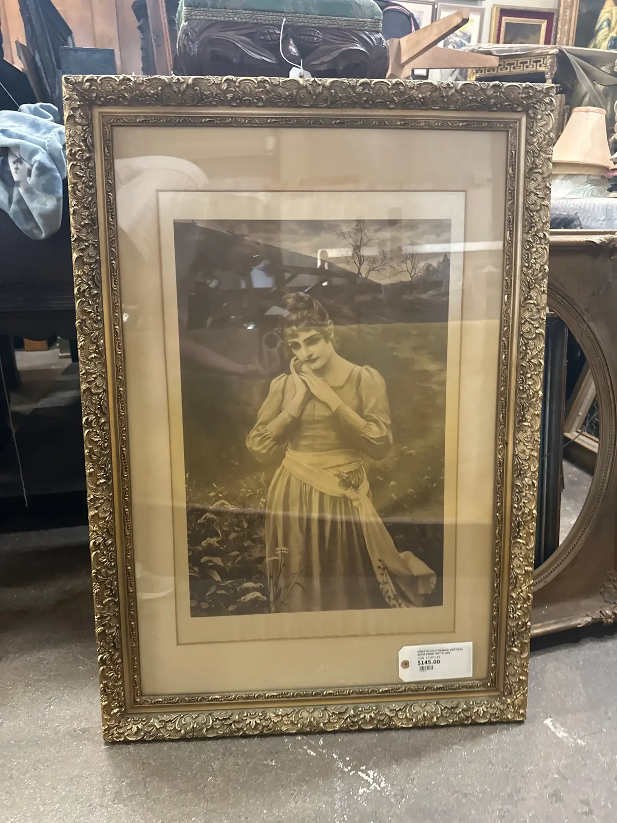 Ornate Gold Framed Vertical Sepia Print With Lady 1