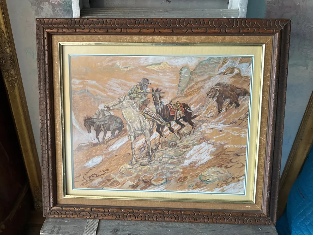 Framed Painting Of A Trapper Chased By A Bear 1