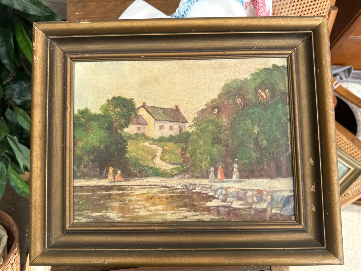 Small Framed Oil Painting Of A House On A Hill Near The Water Signed Mb Robertson 1