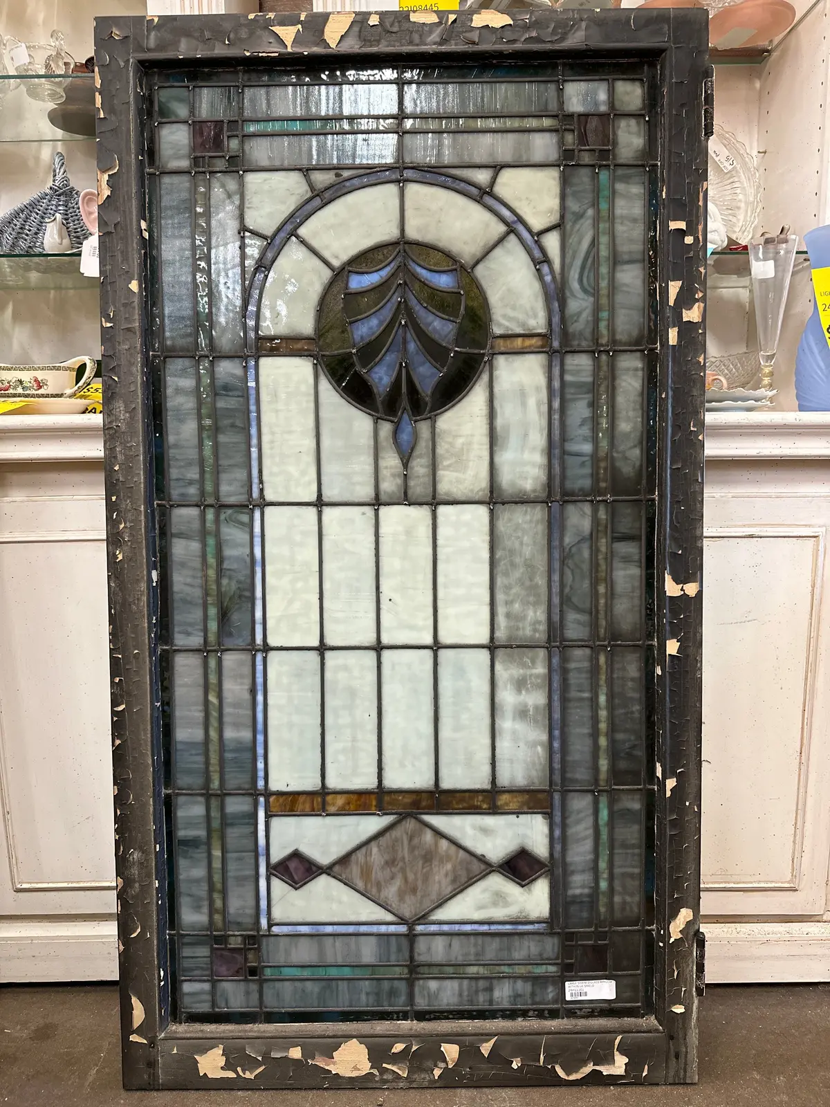 Large American Stained Glass Blue Leaf Window H 1