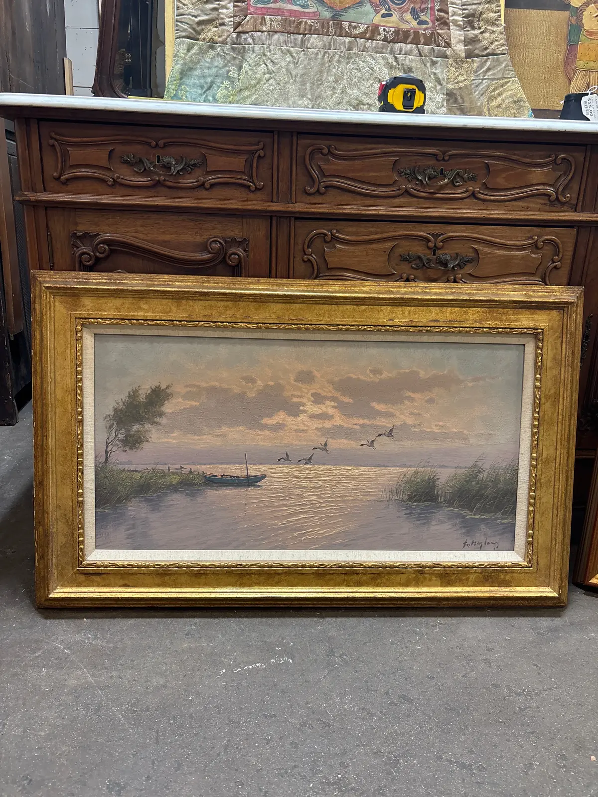 Gold Framed 20Th Century Oil Painting Of Geese On Lake With Linen Filet 1
