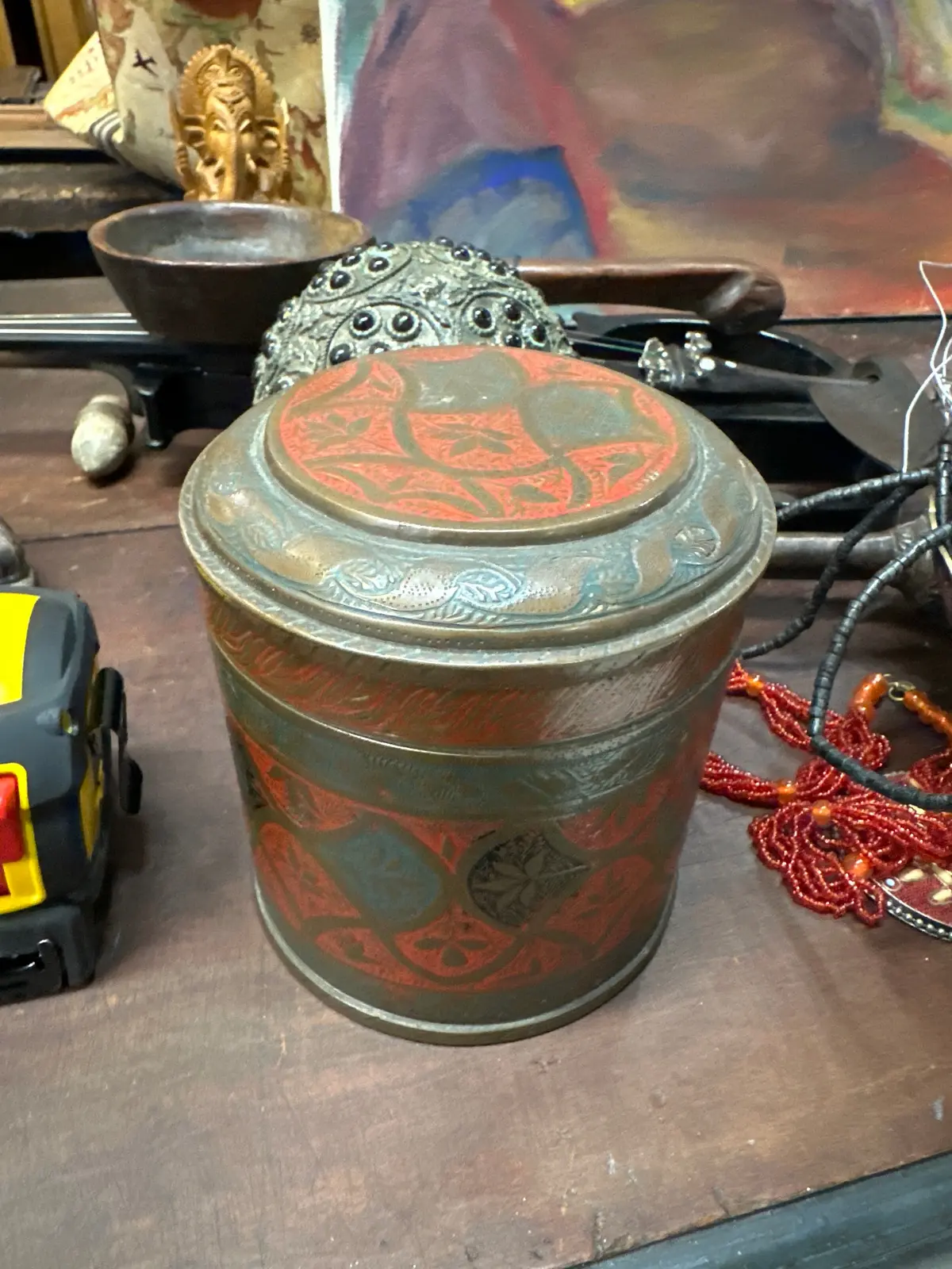 Enamel Incised Indian Brass Tea Canister 1