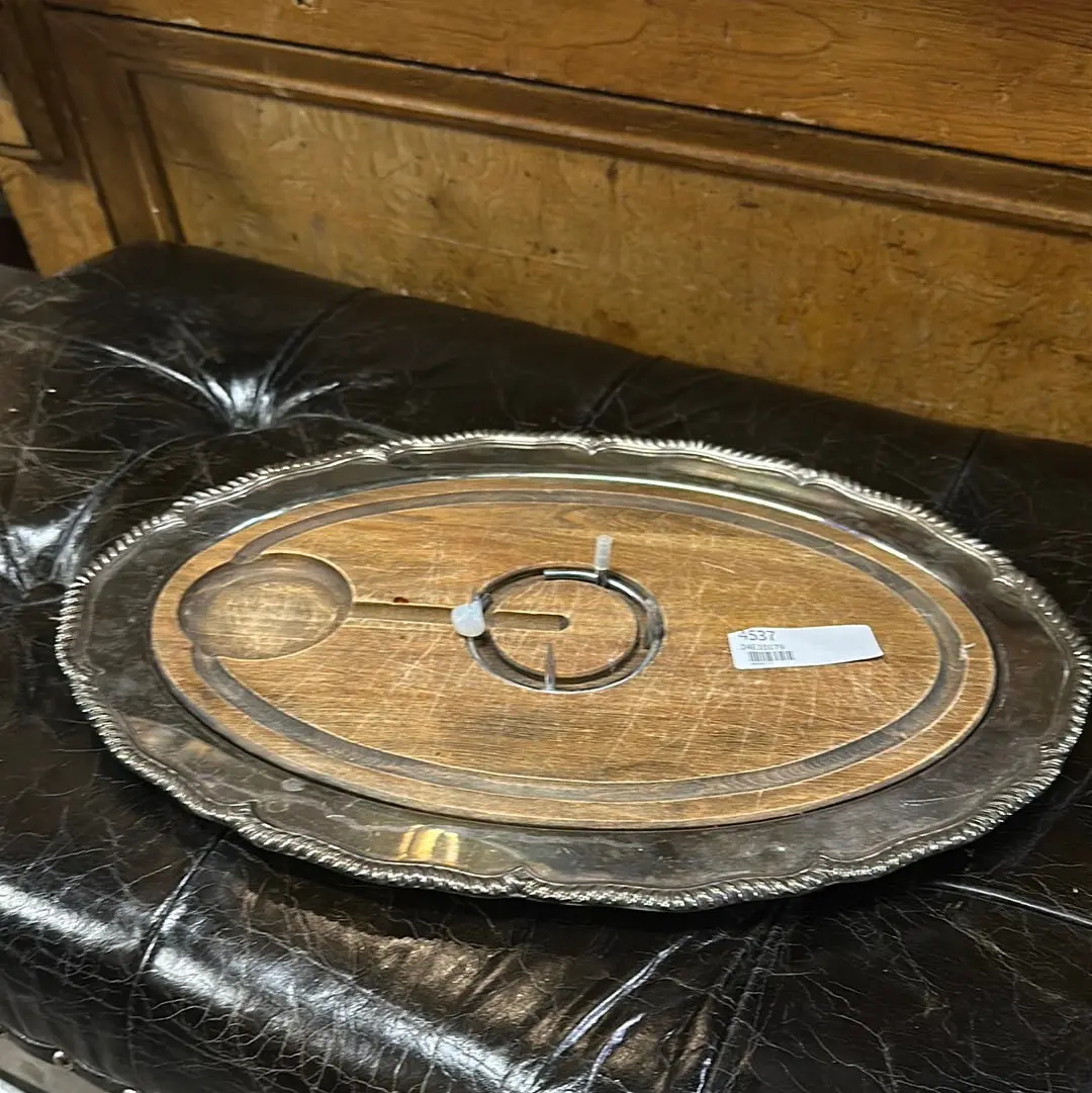 Silverplate And Wood Meat Tray 1