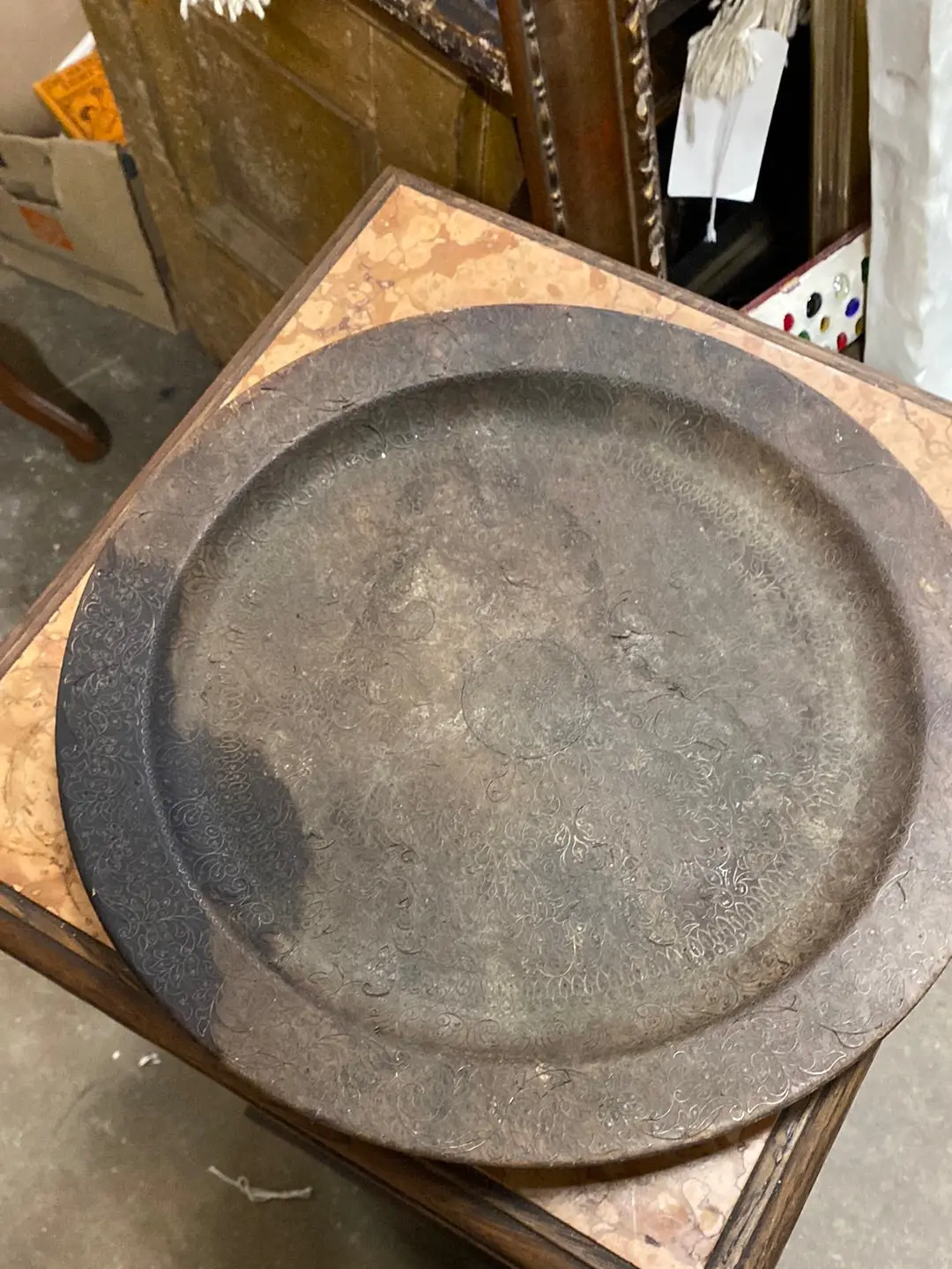 Round Indian Brass Wire Inlaid Wood Tray 1