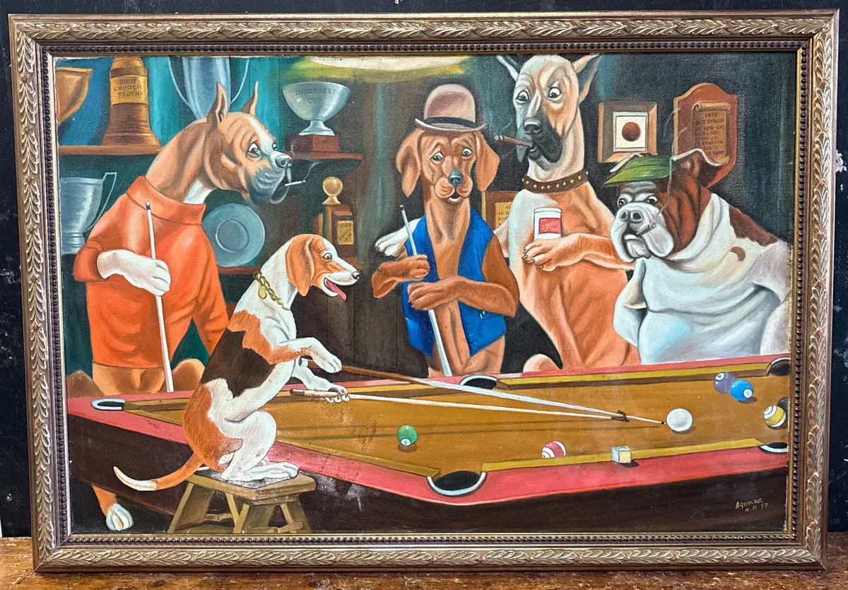 Carved Bronze Gilt Framed Painting Of Dogs Playing Pool - Signed Aqumar R. P. 77 1