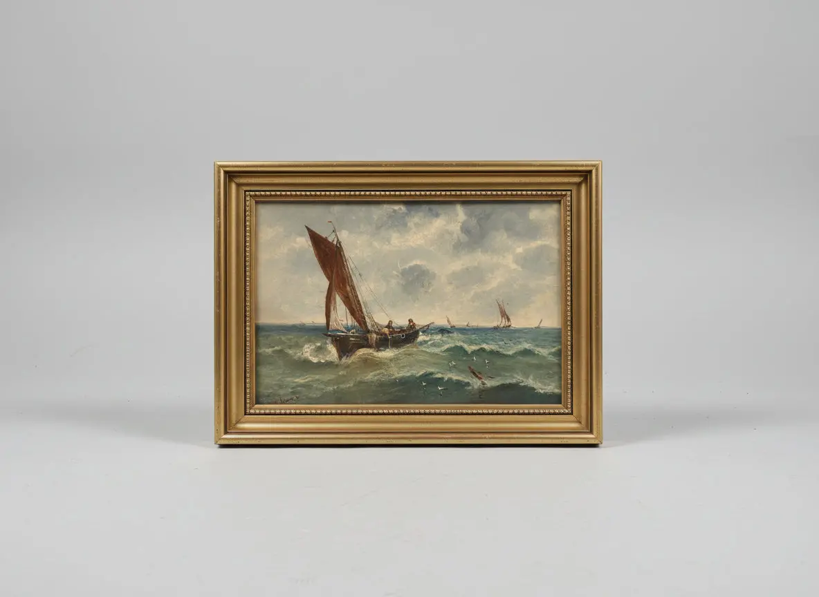Small Gold Framed Ship At Sea Oil Painting 1