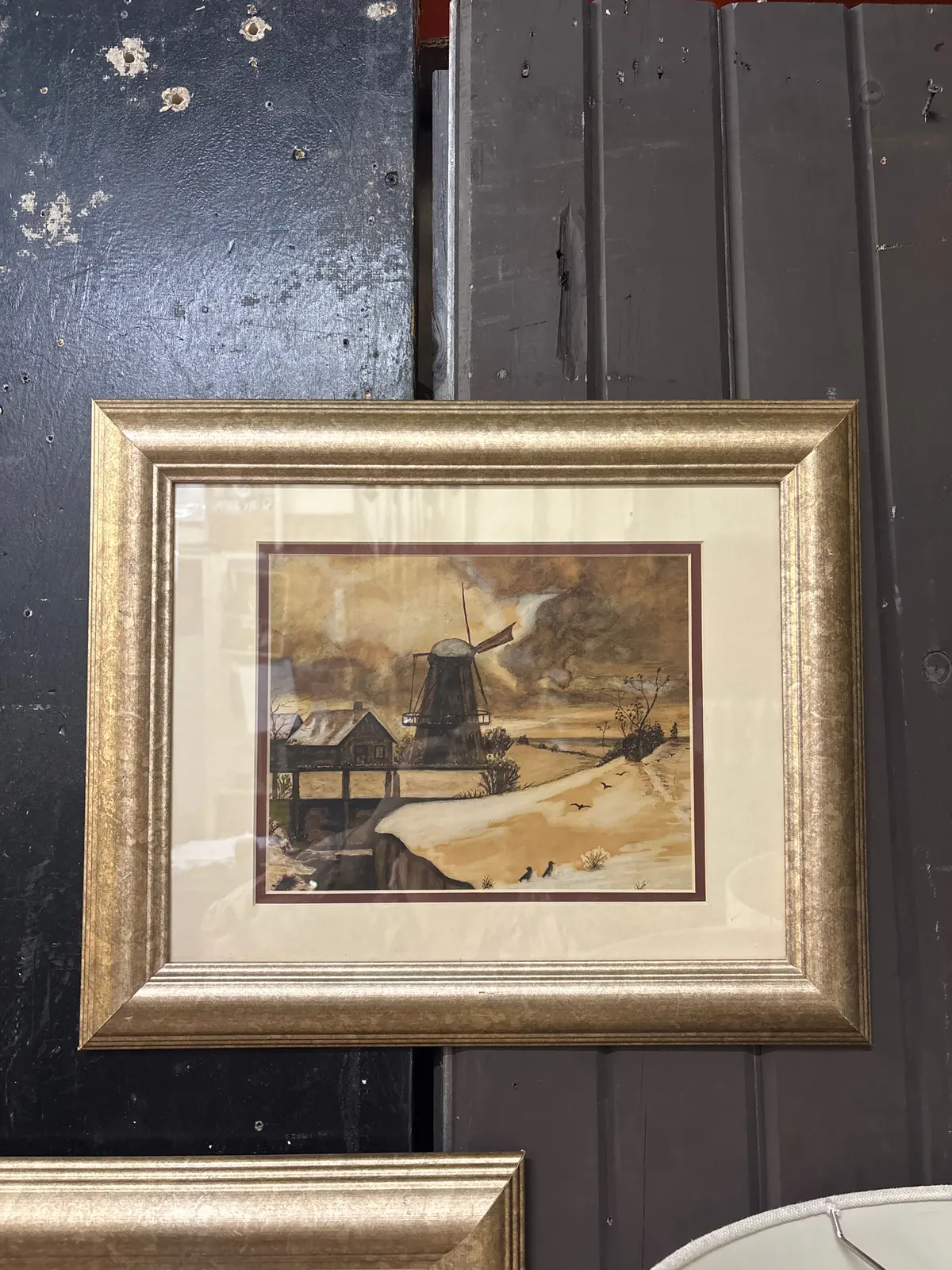 Framed Watercolor Winter Scene With Windmil 1