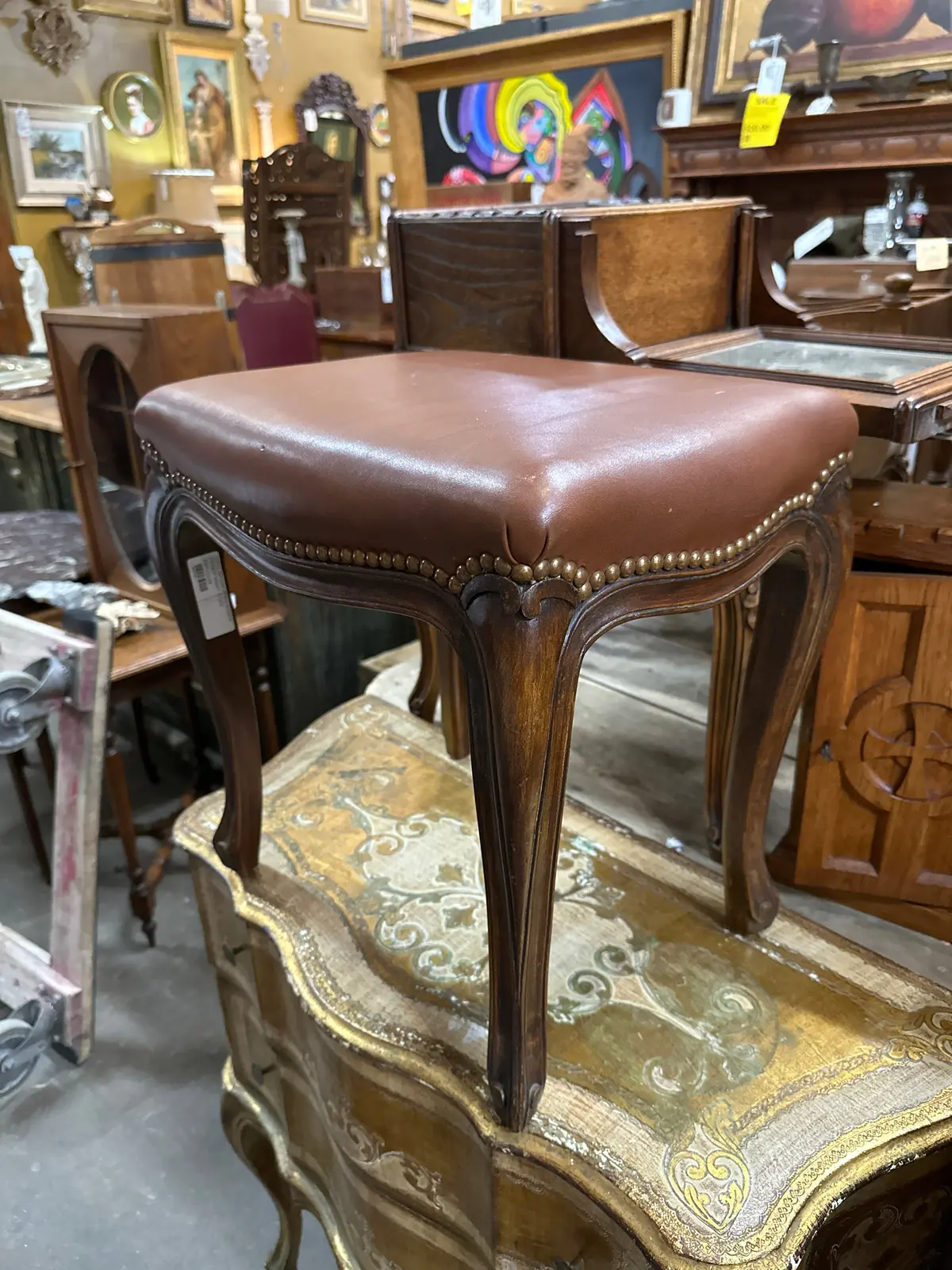Small Brown Upholstered French Vanity Stool 1