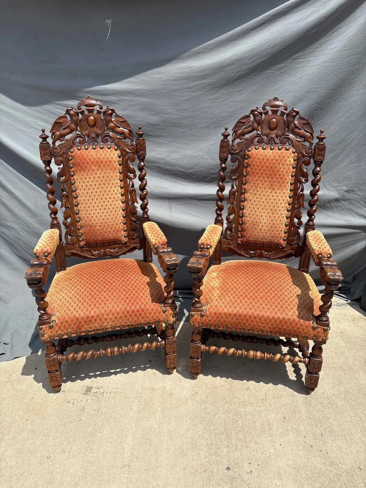 Pair Of French Barley Twist Oak Arm Chairs With Orange Upholstery 1