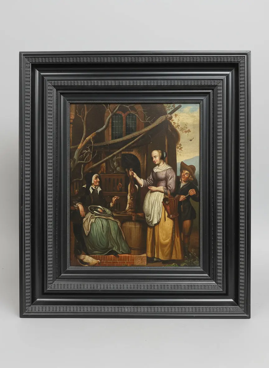 Framed Dutch Painting On Metal Of The Game Seller-After Gabriel Metsy 1
