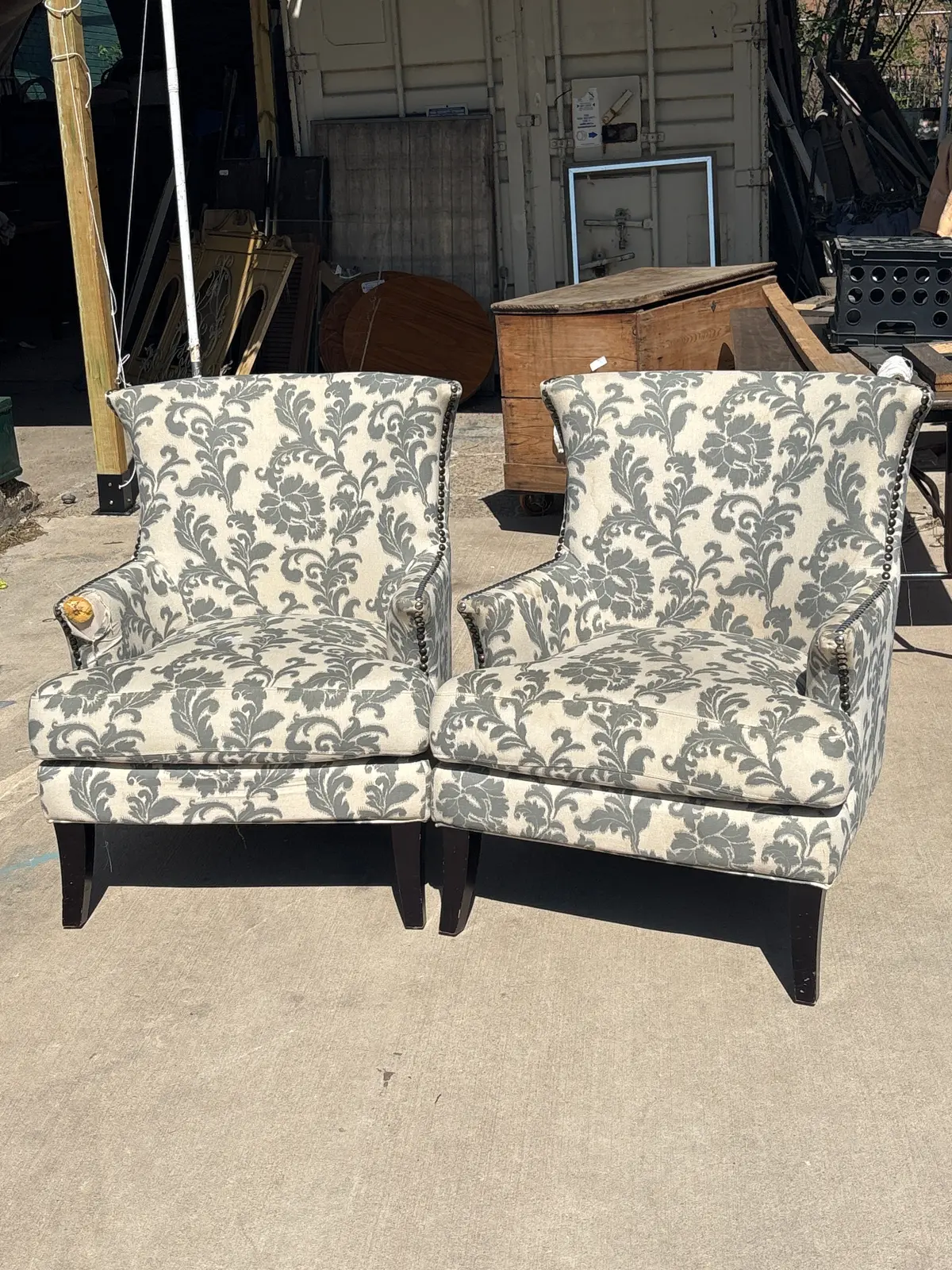 Pair Of Upholstered Gray And White Foliate Chairs - As Found 1