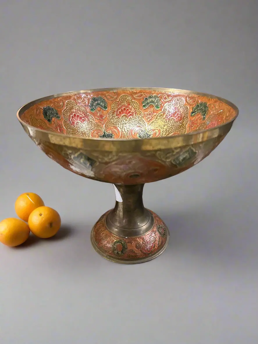 Vintage Enameled Brass Pedestal Bowl 1