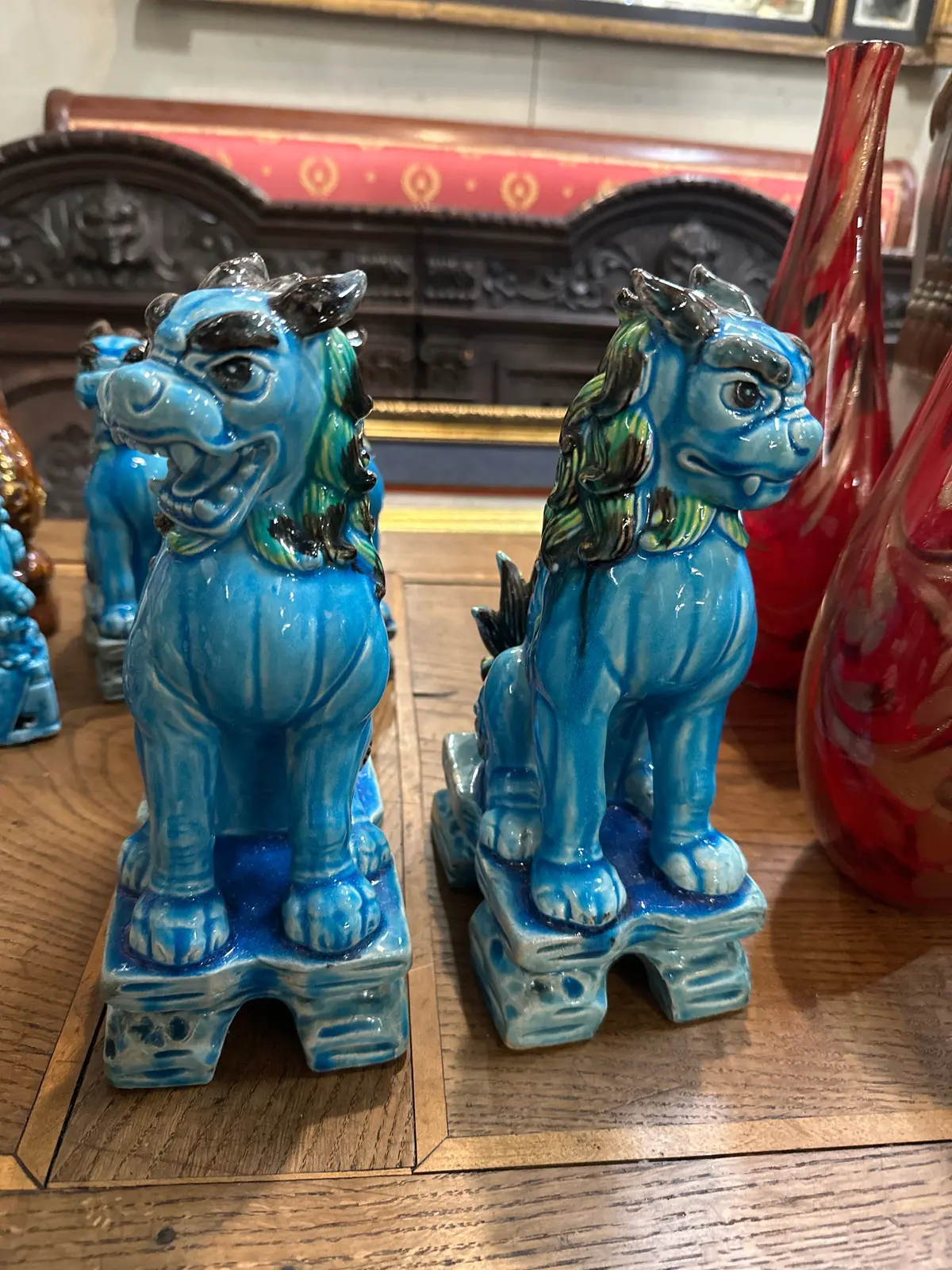 Pair Of Turqoise Foo Dogs On Plinth 1