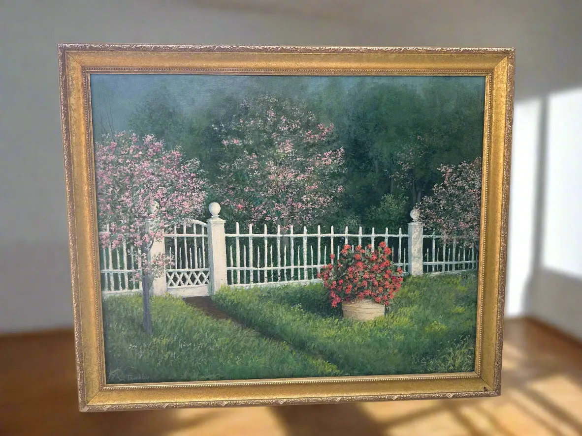 Gilt Framed Oil Painting Of A Yard With White Pickett Fence And Flowers Flowers Signed Raymond Trinkley 1