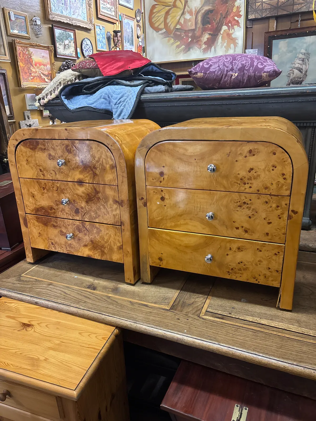 Pair Of Art Deco Burl Wood Arched Top Side Chests 1