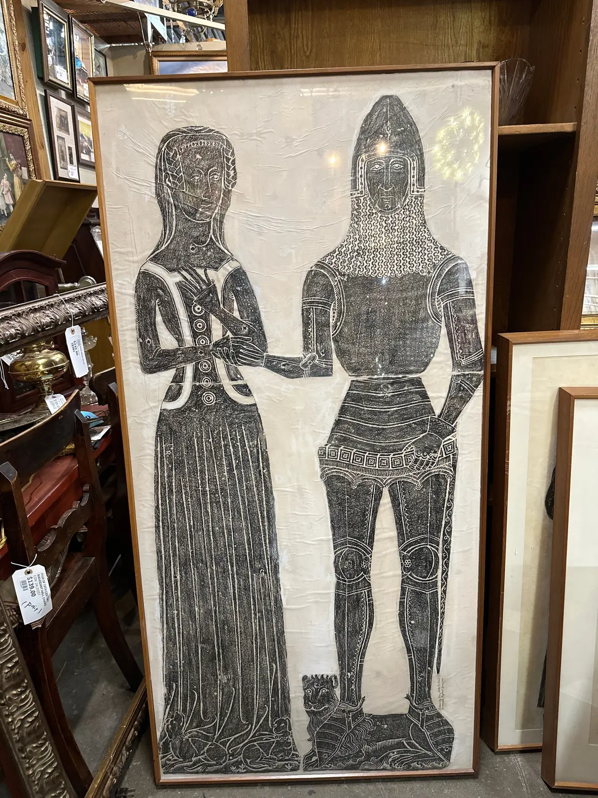 Large Framed English Temple Rubbing Of Knight And Maiden 1