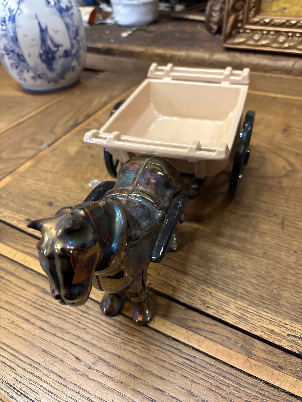 Lustre Enameled Cast Iron Horse Drawn Carts 1