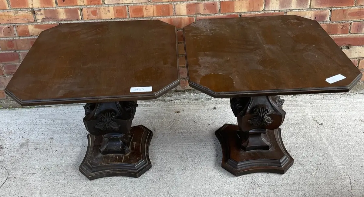 Pair Of Vintage Carved Walnut Pedestal Low Tables 1