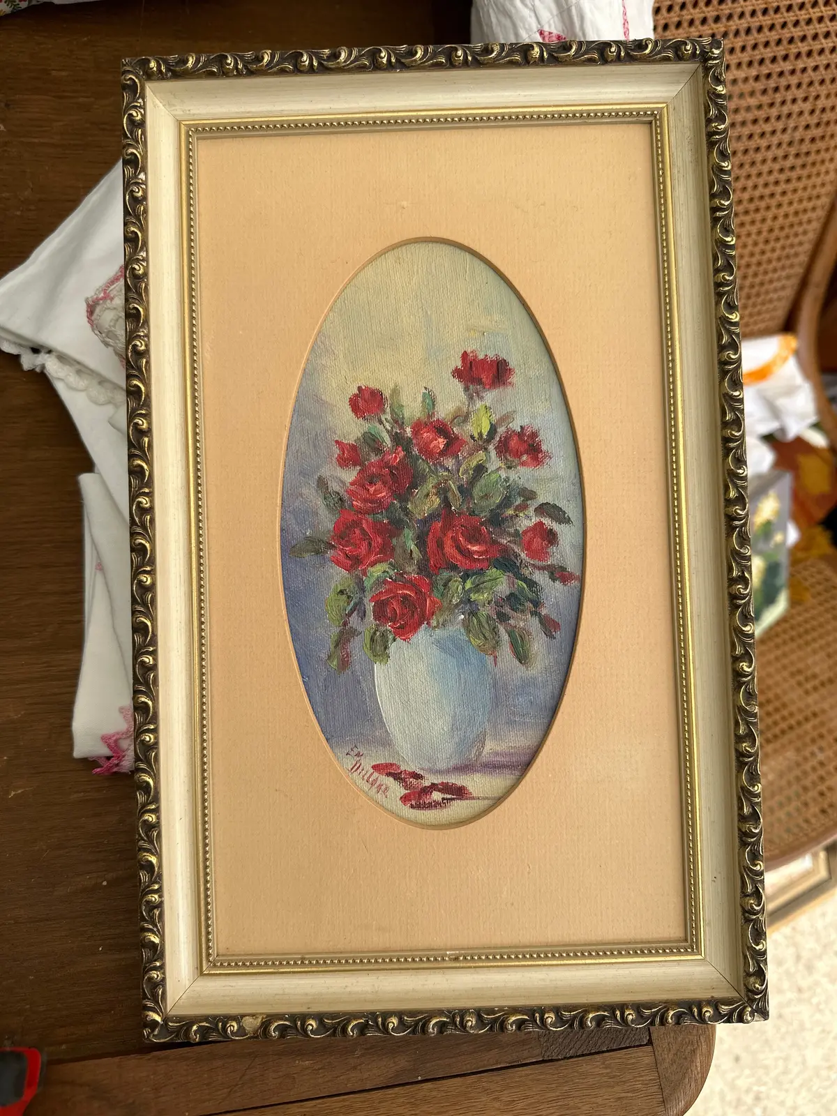 Small Framed Oil Painting Of Roses In A Vase By Em Dillard 1