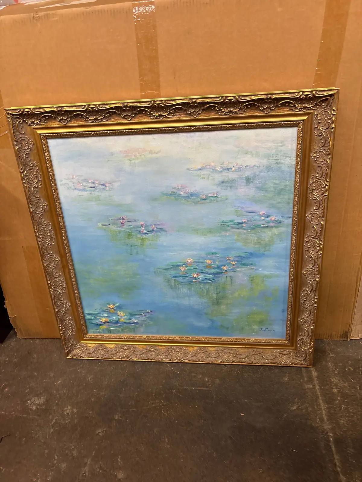 Ornate Gilt Framed Water With Lily Pads Painting 1