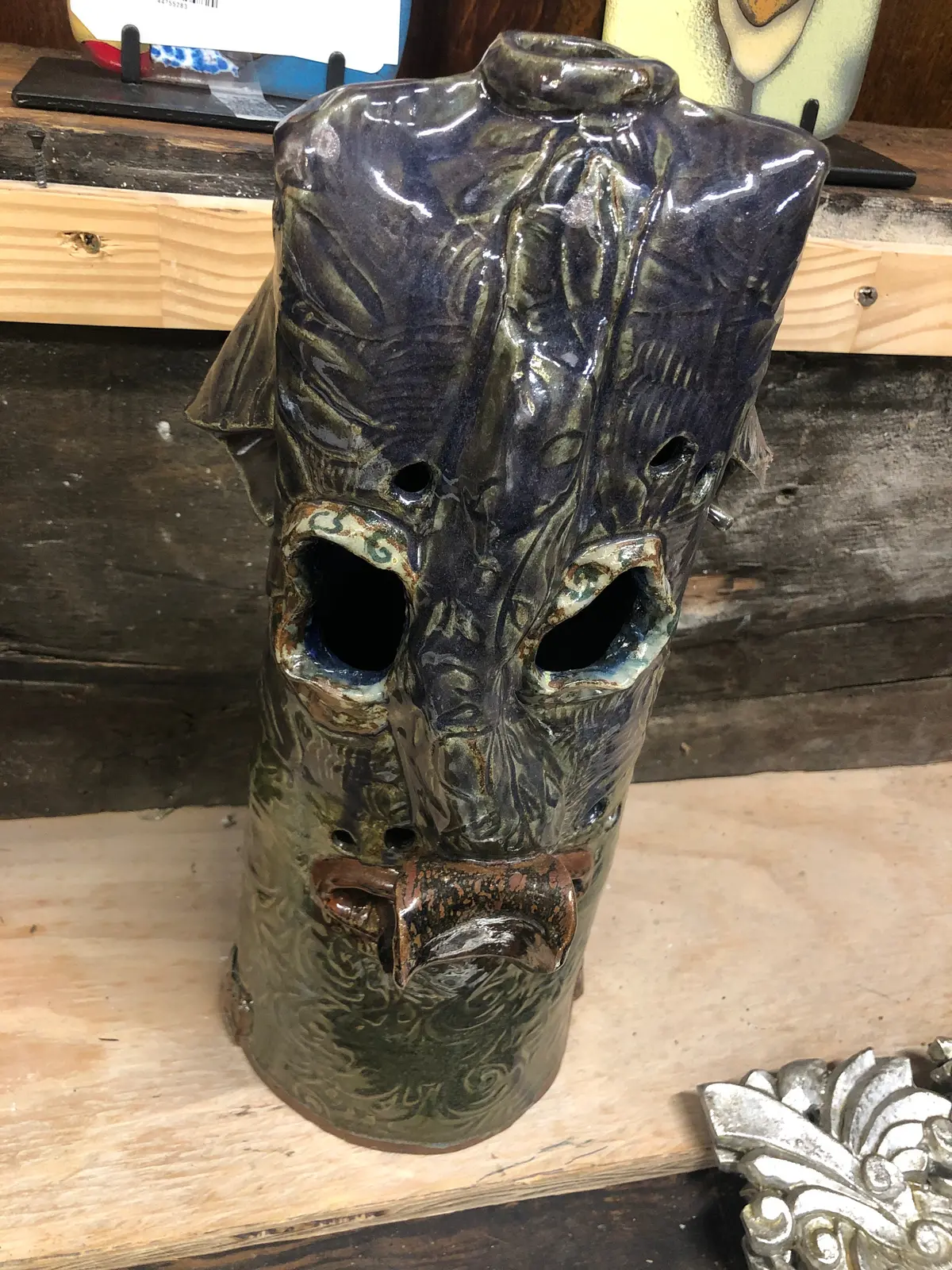 Black Pottery Head With Tongue And Frog By Terri Wilder 1