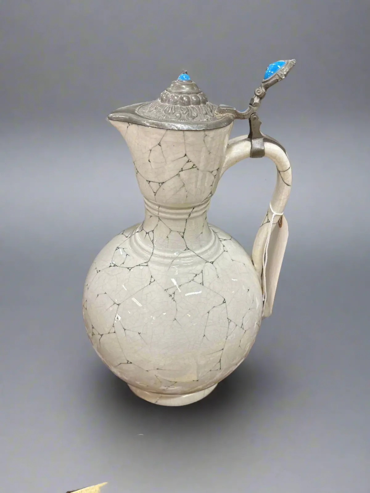 White Creamic Crackled German Tankard With Pewter 1