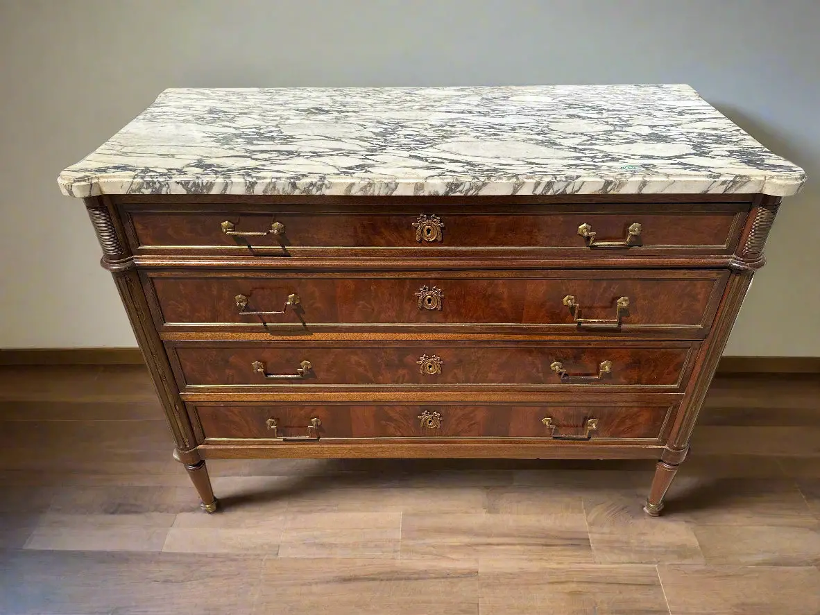 Louis Xvi White And Grey Marble Top 4 Drawer Chest With Bale Pulls 1