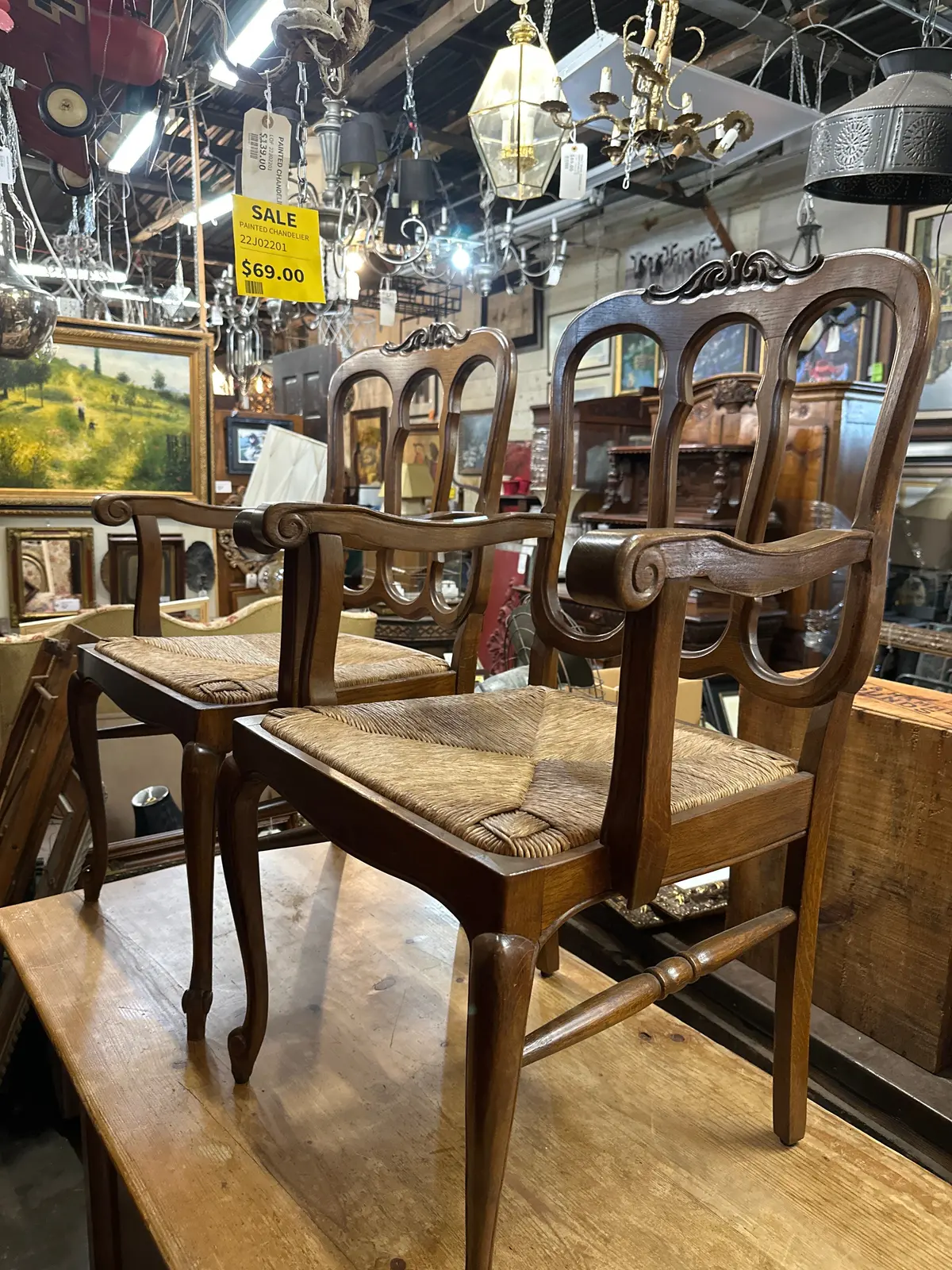 Pair Of Country French Rush Seat Chairs With Arms 1
