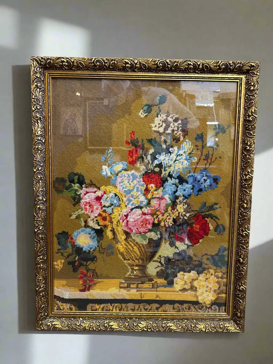 Flowers In Vase Embroidery Art In Gold Frame 1