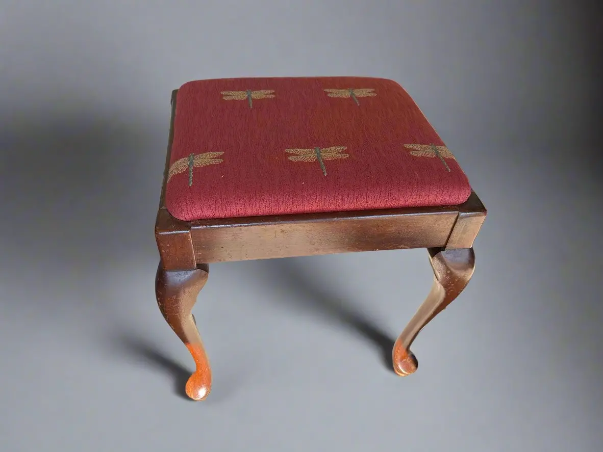 Red Upholstered Stool With Queen Anne Legs 1