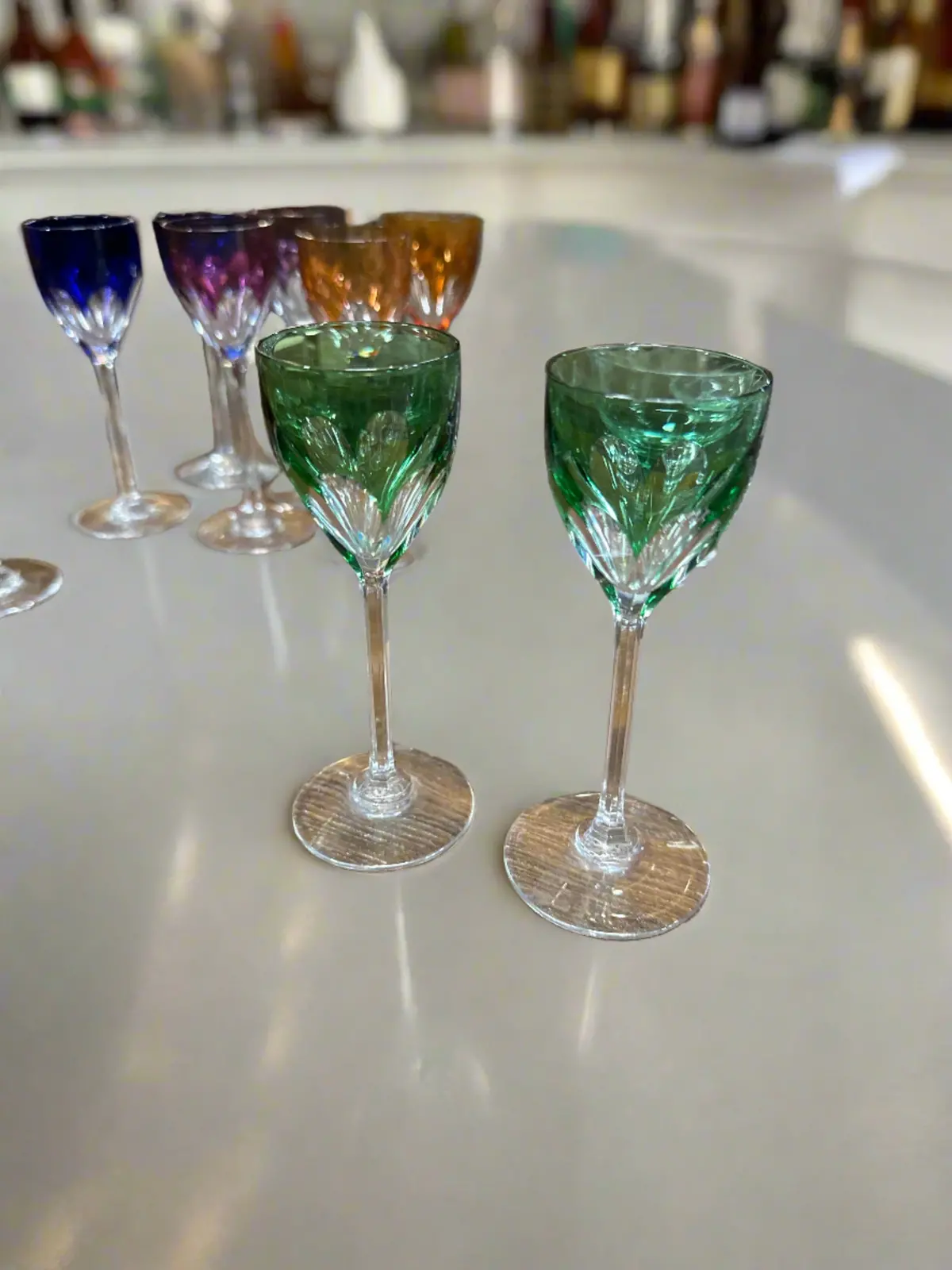 Pair Of Green Cut To Clear Crystal Stemmed Cordials 1