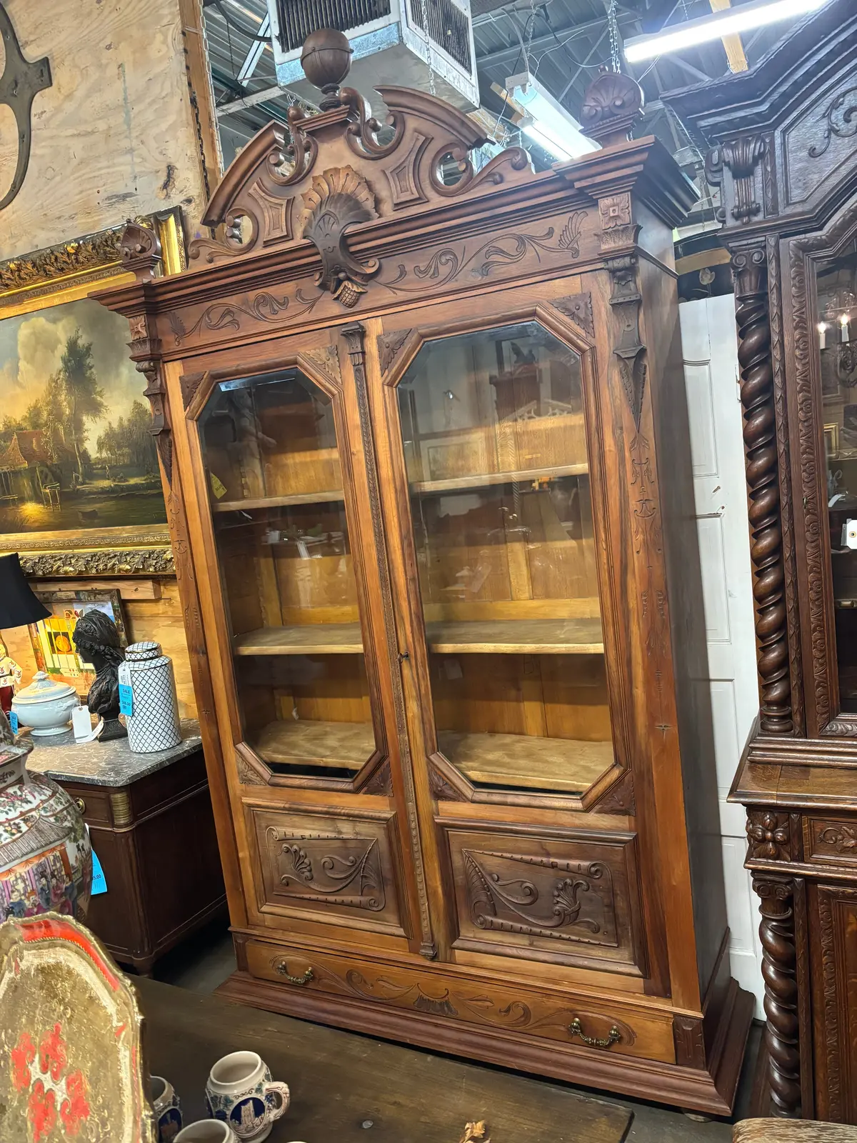 Grand Pediment Crown Walnut Bevel Glass Bookcase 1