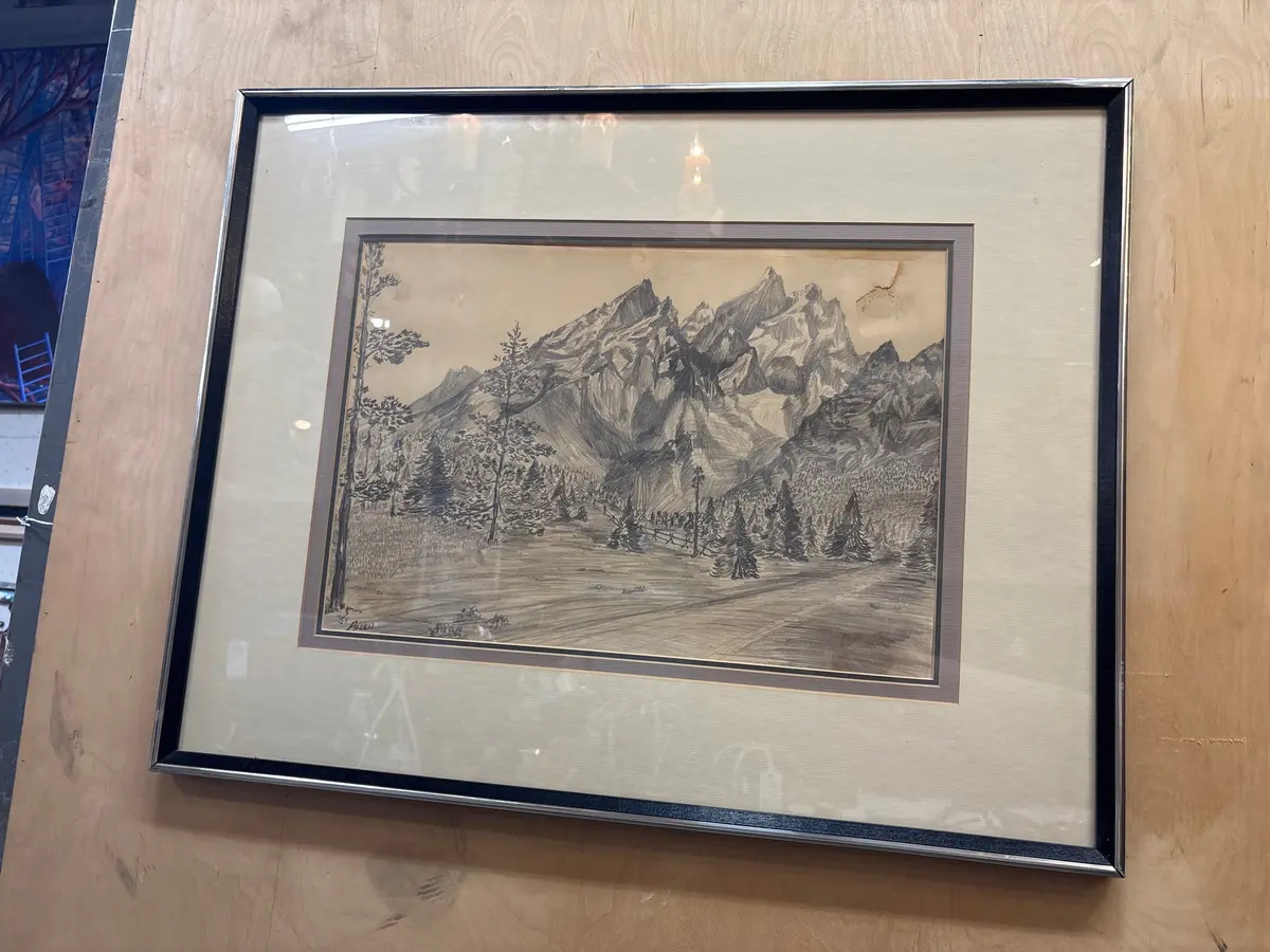 Framed Western Pencil Drawing Of Forest Path At Mountain Base -Signed ‘51 Allen - As Found 1
