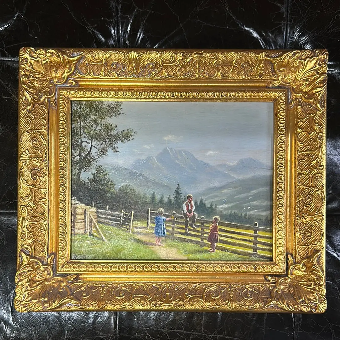Small Framed Landscape Oil Painting With Children On A Fence 1