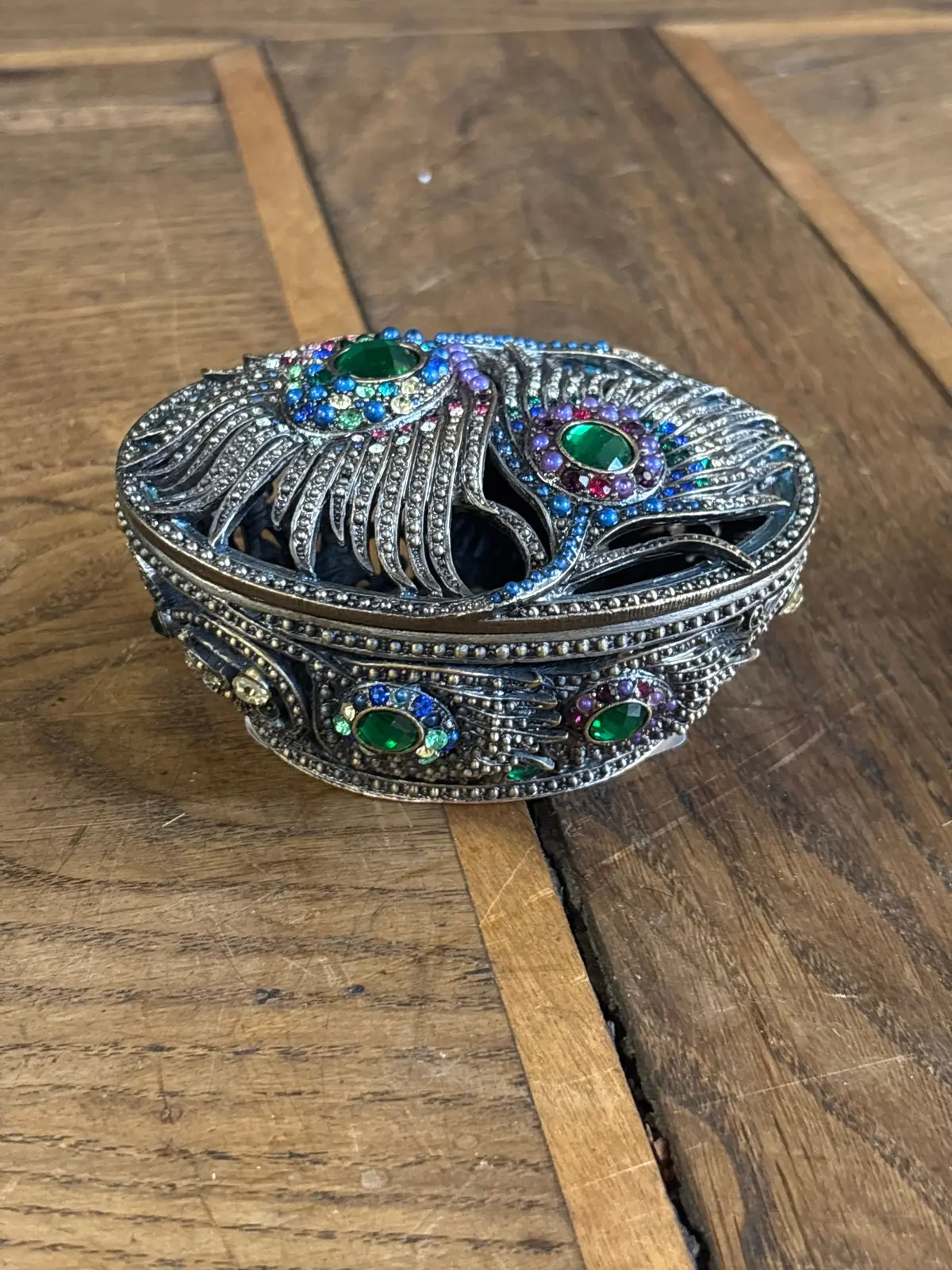 Small Blue And Purple Oval Feathered Jeweled Box 1