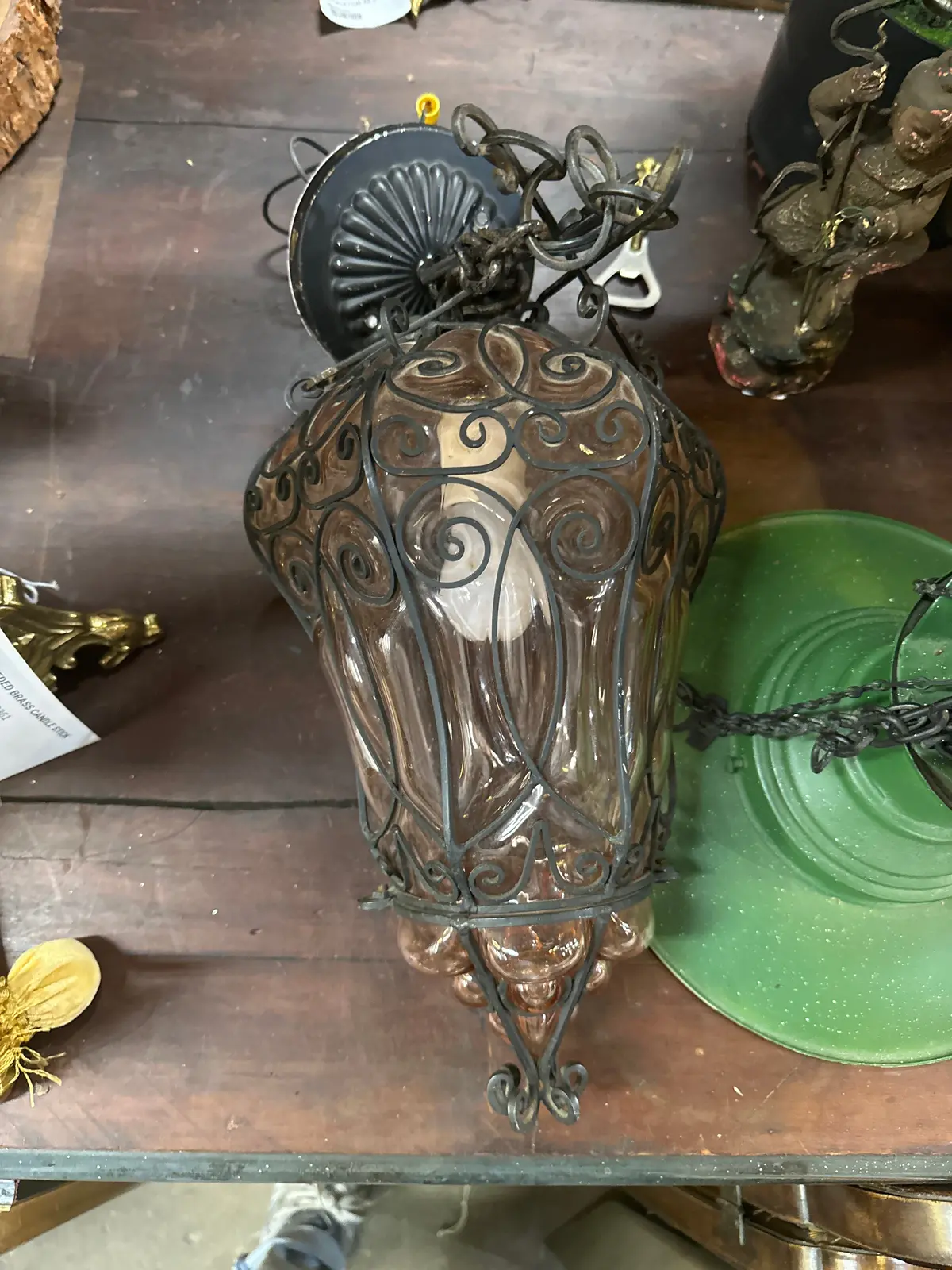 Blown Glass And Twist Iron Hanging Lantern 1
