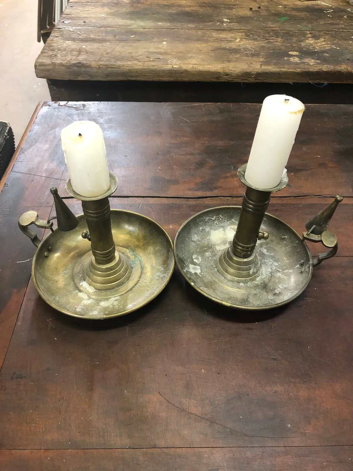 Pair Of Early Brass Candle Holders 1