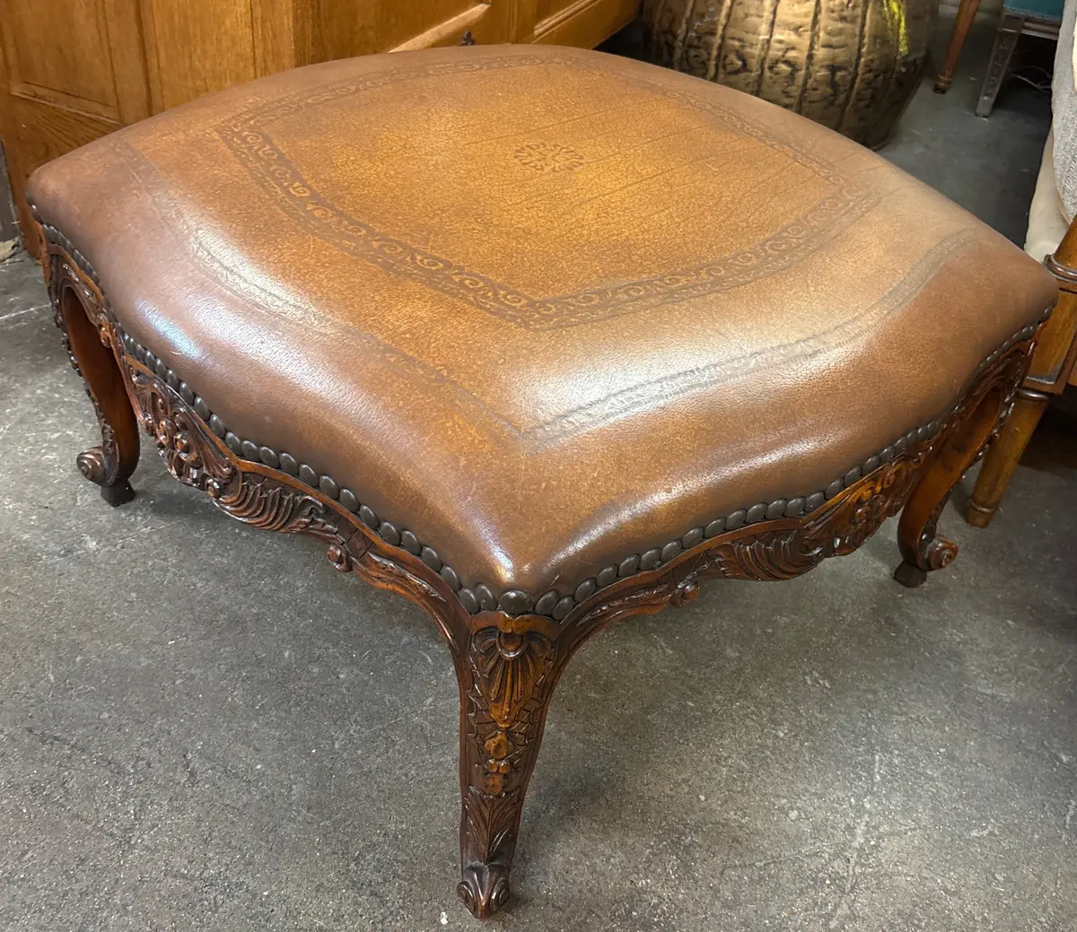 Theodore Alexander Carved French Style Ottoman With Leather 1